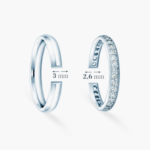 Obrączki ślubne: białe złoto, półokrągłe, 2,6 mm + 3 mm